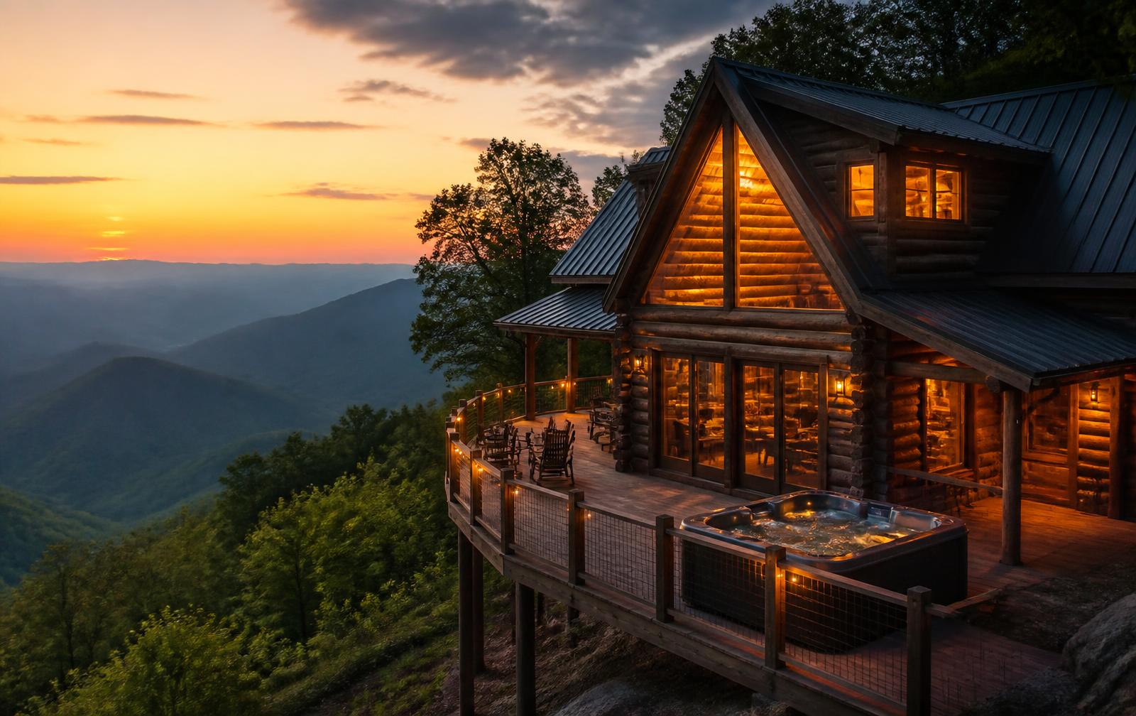 Luxury Smoky Mountain cabin short-term rental overlooking Tennessee ridges at sunset